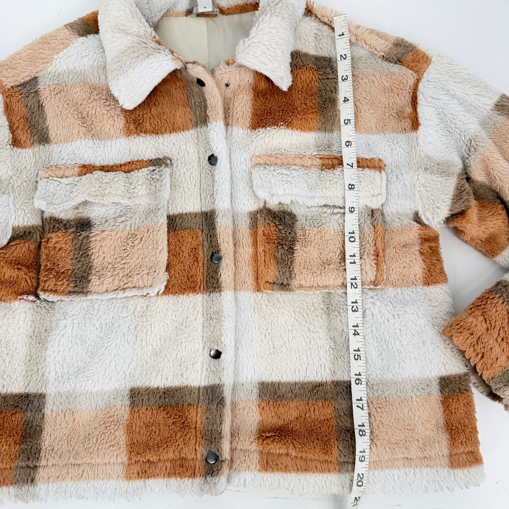 Cato Plaid Fuzzy Teddy Shacket Jacket Size S Orange Brown Cream - Picture 7 of 7
